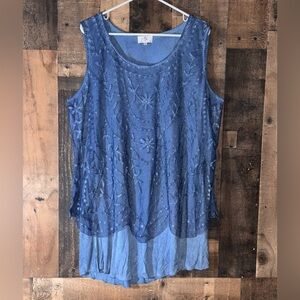 Women’s Sz 2x OSO Casuals Blue Embroidered Layered Sleeveless Top
